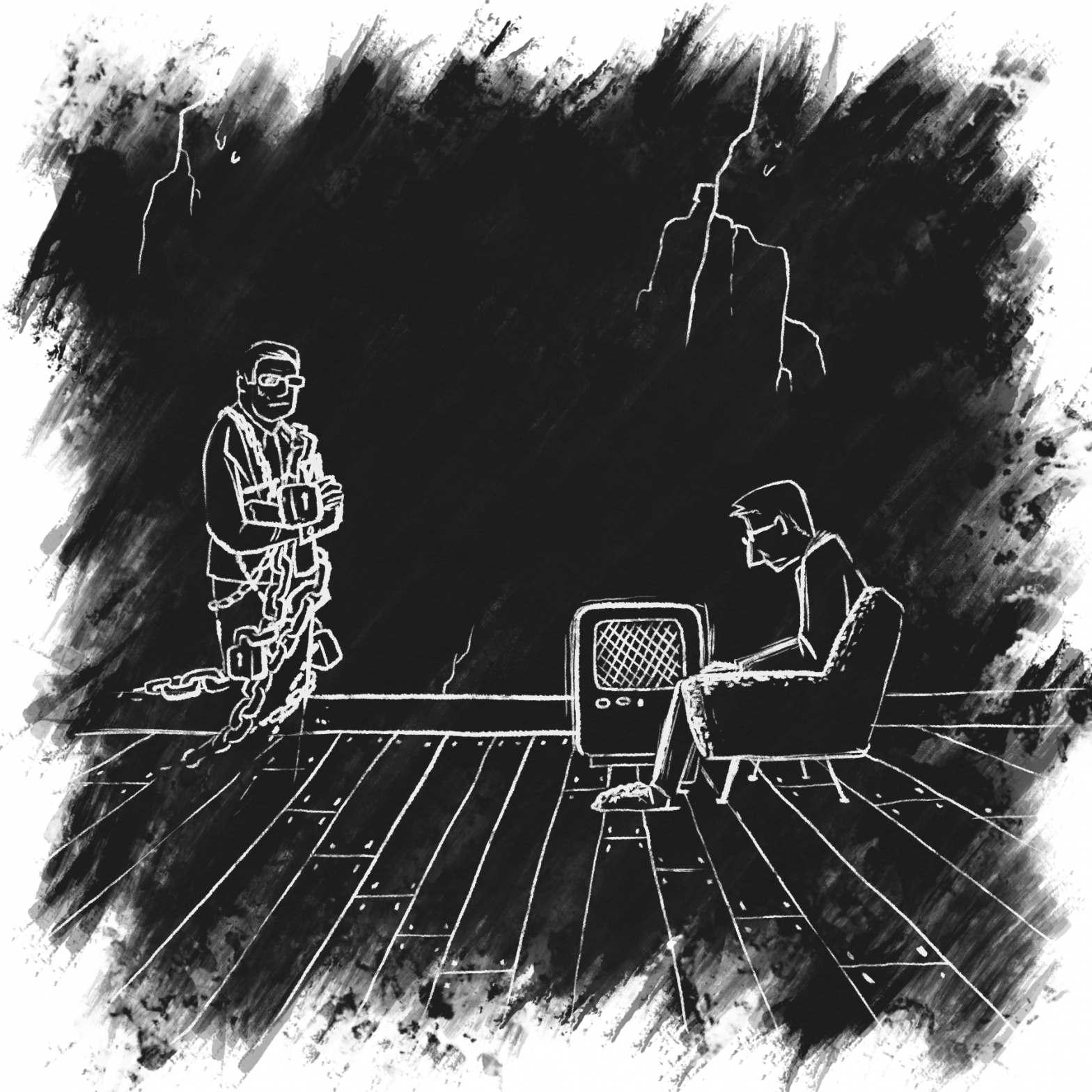 A drawing of a man wrapped in chains with hovering over the floor on the left and a man sitting in a chair next to a heater on the right. The wall behind the two figures has cracks. The drawing is in white on a black background.